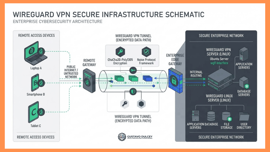 Arquitectura de red segura con servidor VPN WireGuard y firewall UFW en Ubuntu Linux