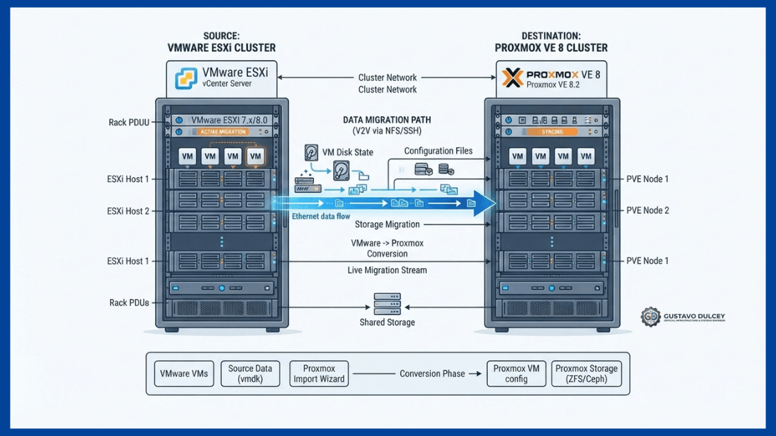 Diagrama técnico de migración de máquinas virtuales desde VMware ESXi a Proxmox VE 8