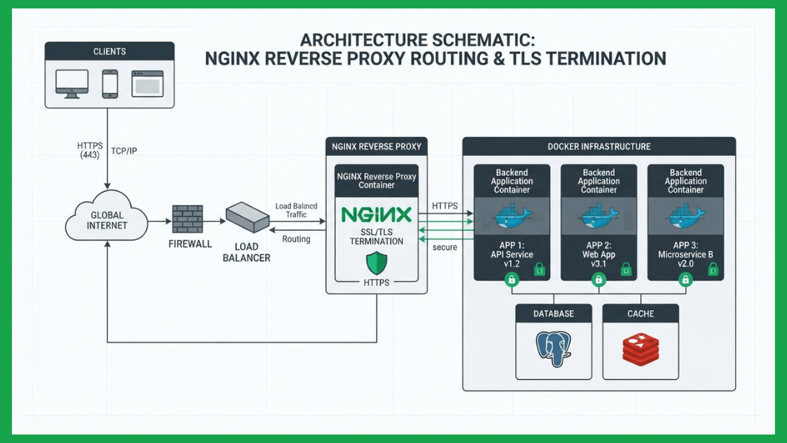 Diagrama de arquitectura de Reverse Proxy NGINX con Docker Compose y certificados SSL